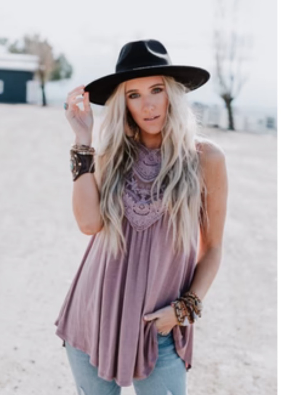 Three Bird Nest Mauve Crochet Yoke Swing Camisole